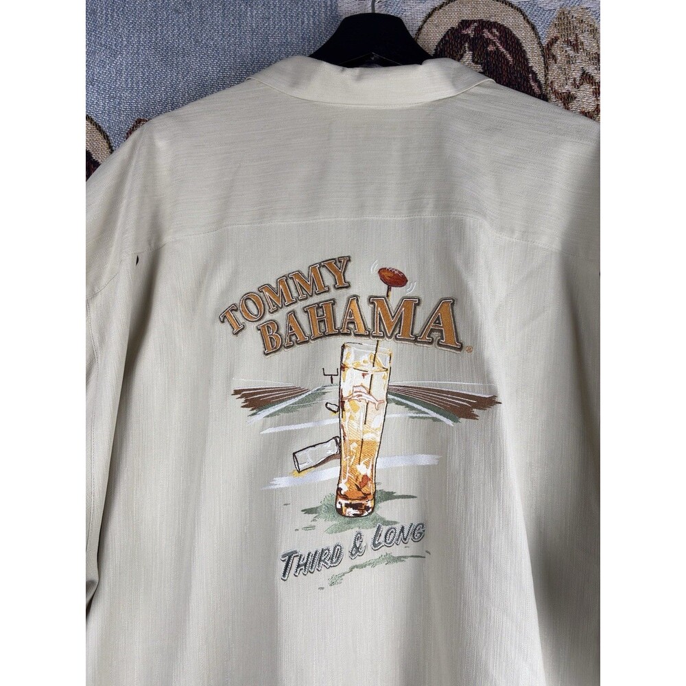 Tommy Bahama Men XXL Cream Silk Football NFL Third & Long Drink Embroidery Shirt